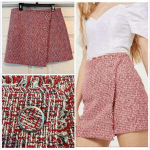 Topshop Asymmetrical Wrap Skirt Size 12 Red Boucle Tweed Mini